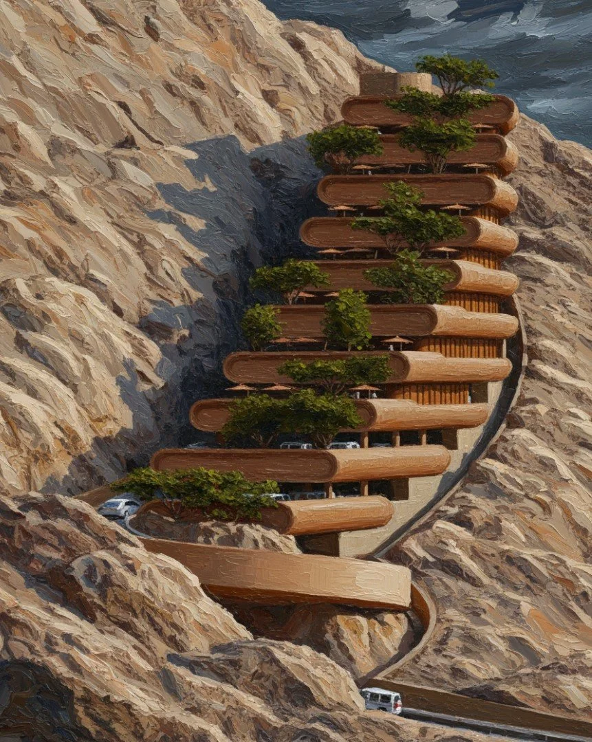 A digitally painted image of a unique parking structure built into a rocky hillside, with multiple rounded, wooden decks supported by pillars, and green trees growing on some decks.