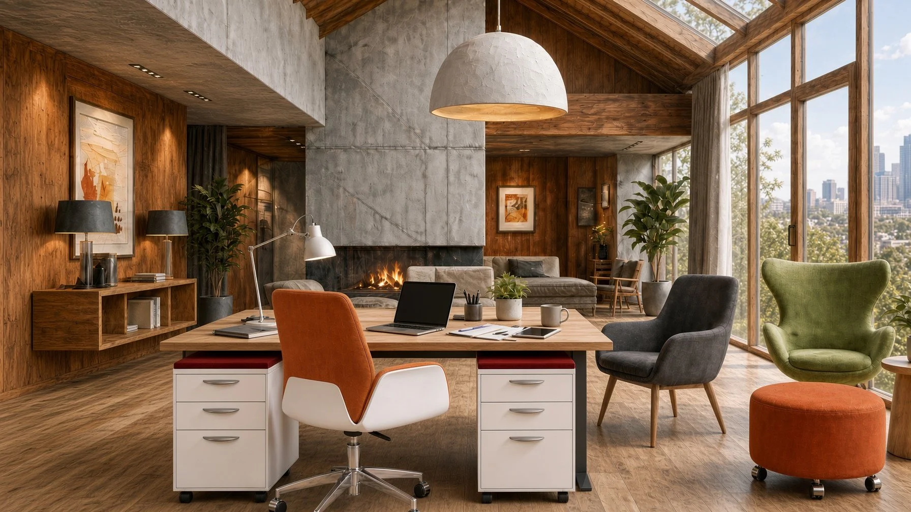 Modern living room and office space with a large window view, wooden walls, and a fireplace.