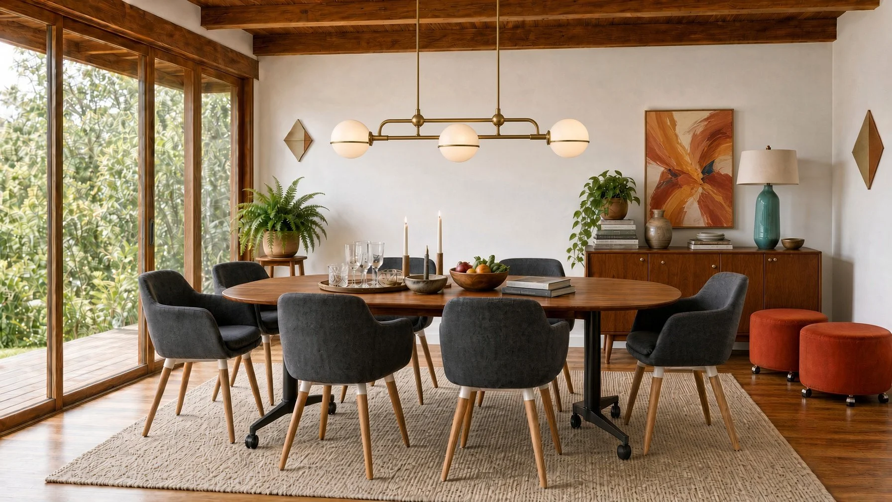 A dining room with a wooden round table surrounded by six black upholstered chairs, a wooden sideboard with decorative items and paintings, a large abstract artwork on the wall, potted plants, and a modern chandelier with four white globes, with slid