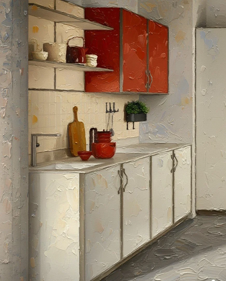 A kitchen with white lower cabinets, red upper cabinets, and open shelves. Decor includes a cutting board, bowls, a red kettle, a stand mixer, and a potted plant. The wall and ceiling have textured paint.