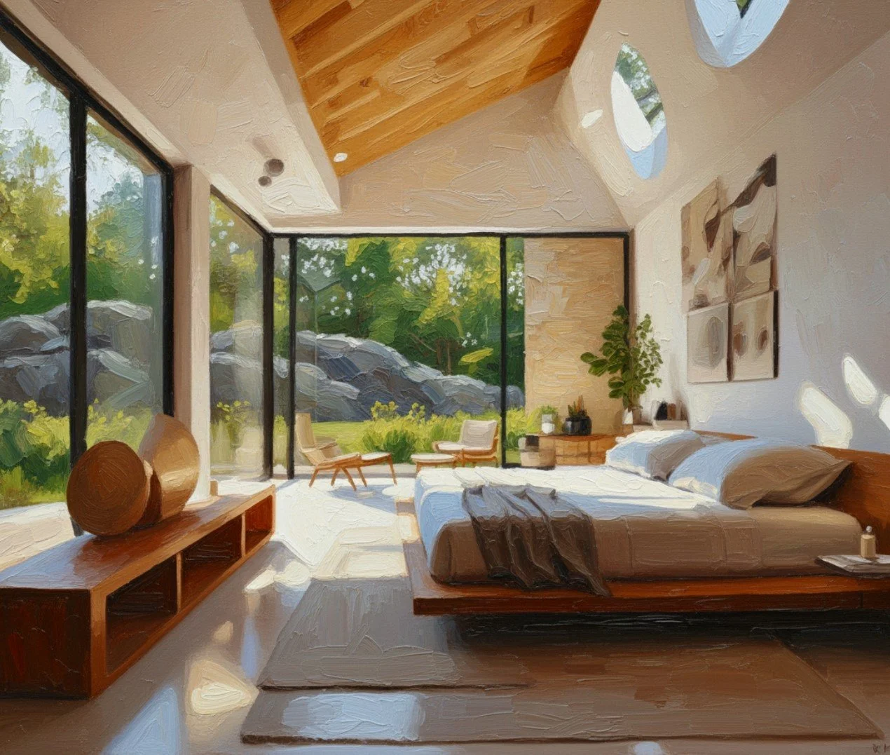 Modern bedroom with large glass windows showing an outdoor view of greenery and rocks. The room has a wooden bed with gray and beige bedding, and a wooden lounge chair on the patio outside. Inside, there are potted plants, a wooden storage unit, and abstract artwork on the wall.