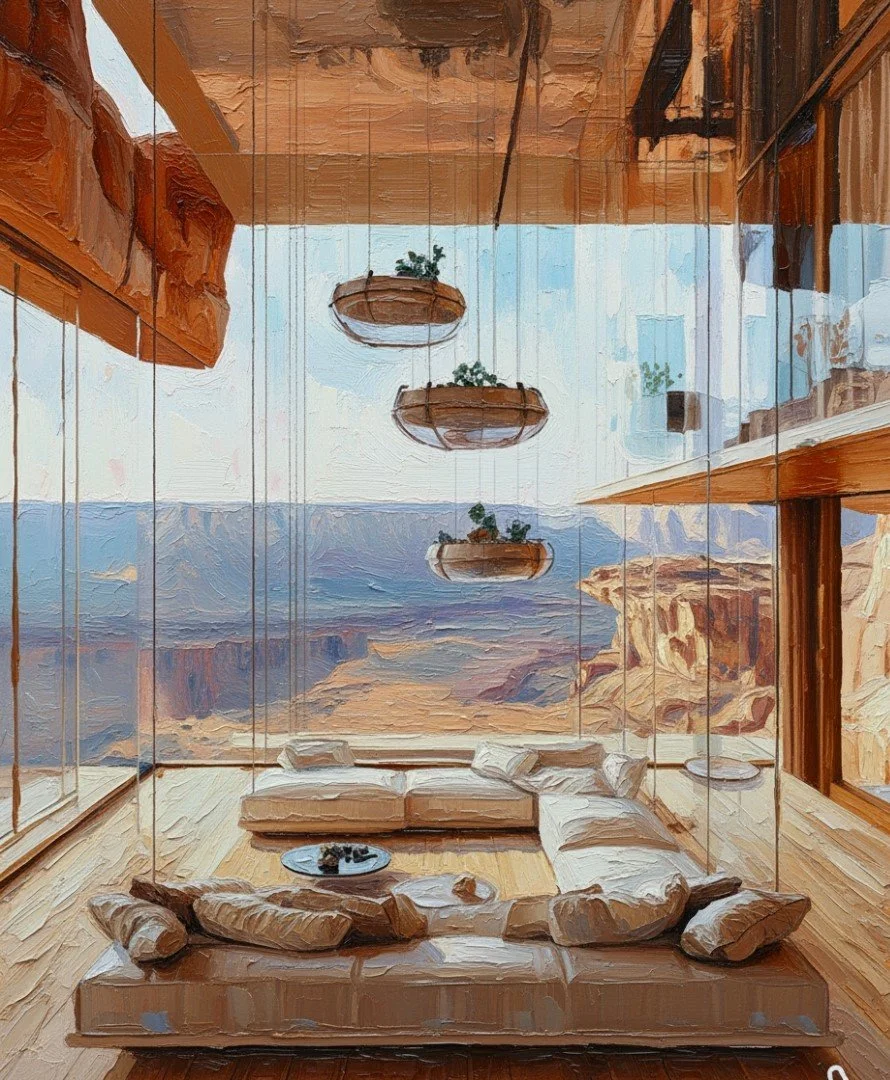 A living room with large windows overlooking a canyon, wooden flooring, a white sectional sofa with pillows, a coffee table with decorative items, and hanging planters with plants from the ceiling.