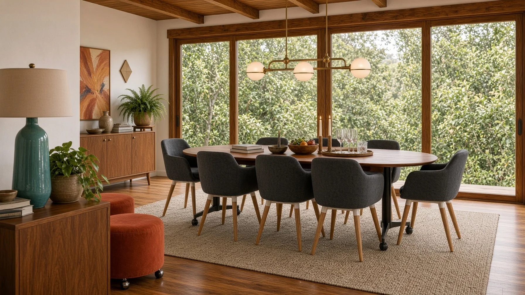 A modern dining room with a large wooden table surrounded by eight gray upholstered chairs. The room has large windows showing green trees outside, and a mid-century modern chandelier hanging above the table. On the table are candlesticks, glasses, a