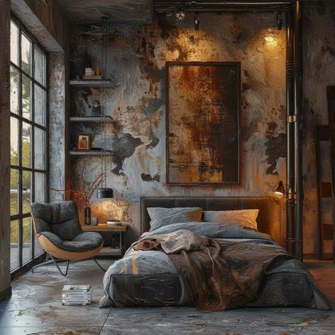 A rustic, industrial-style bedroom with a large bed, dark bedding, and an abstract wall painting. There's a black armchair with a wooden base near a large window with metal framing, and a small wooden side table with books and a lamp. The wall has exposed concrete with a weathered look, and shelves with books and decorative items. The room has warm lighting and a cozy atmosphere.
