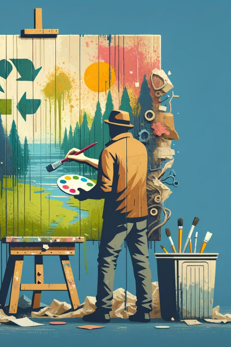 An artist painting a landscape with trees, a river, and a sun, while facing a mixed-media face sculpture made of various materials on a wall, with painting supplies nearby.