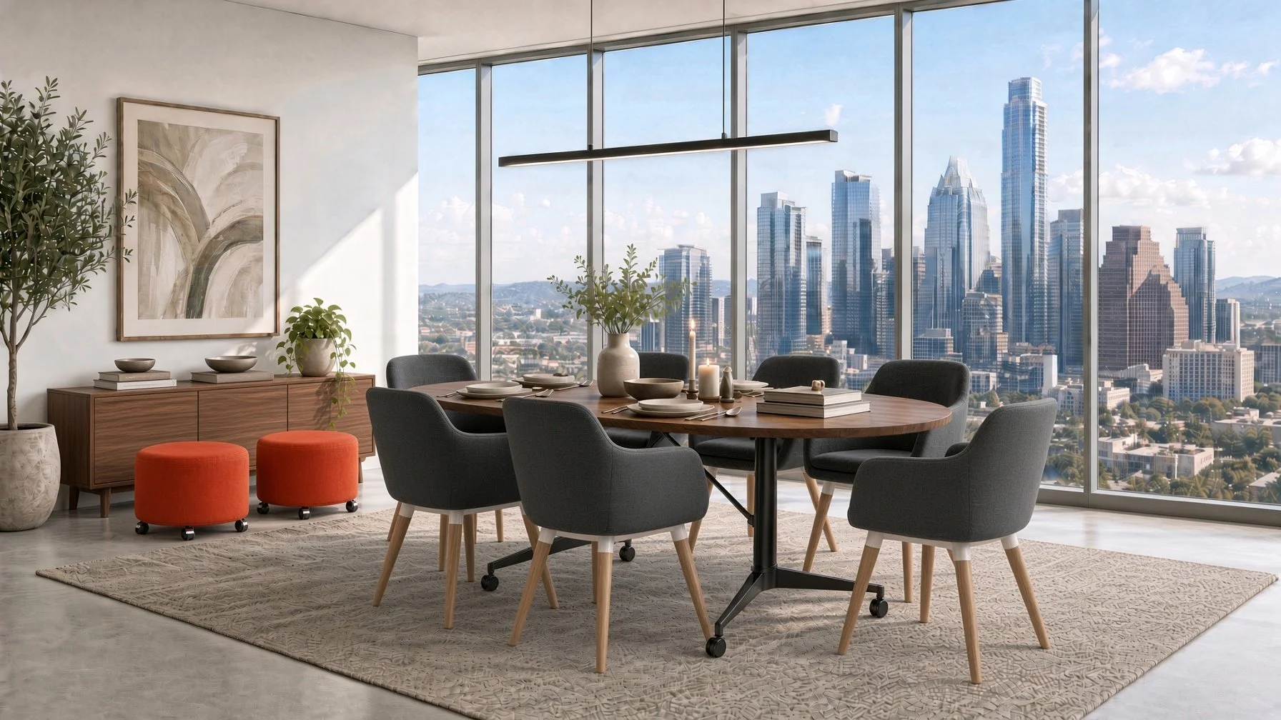 Modern dining room with a round wooden table, six dark gray upholstered chairs, large windows showing city skyscrapers, and decor including a large potted plant, two orange ottomans, a wooden sideboard with decorative bowls and books, a large abstrac