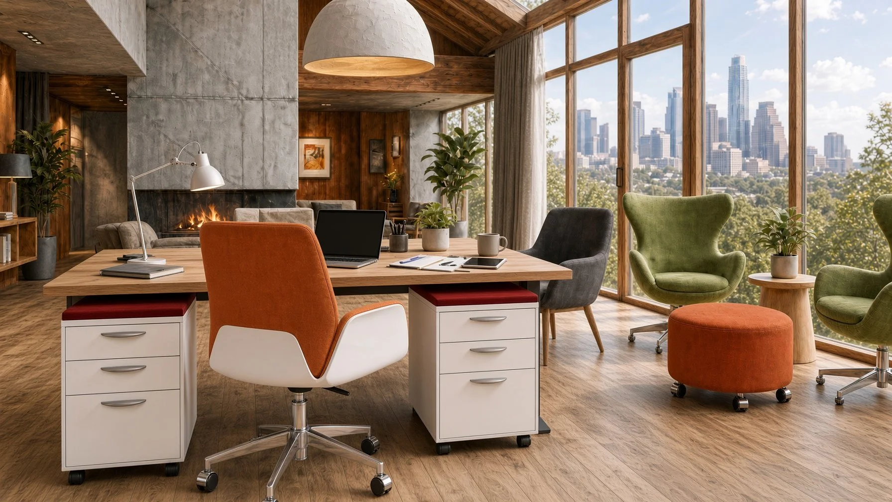 Modern office with large windows showing city skyline, wooden and concrete interior, fireplace, multiple chairs including green, orange, and gray, a wooden table with laptops, notebooks, plants, and a mug.