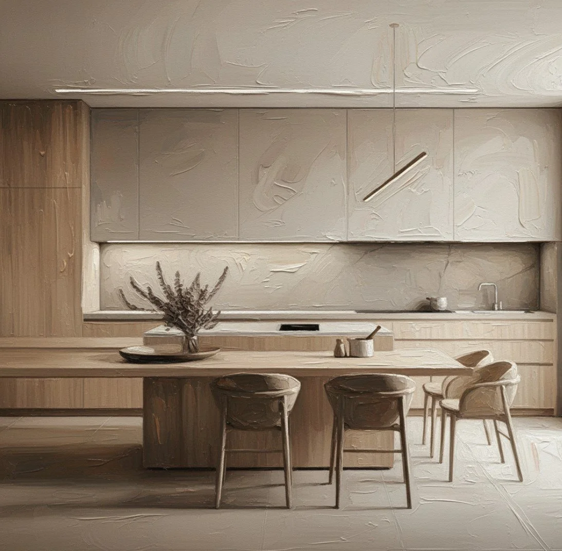 Minimalist kitchen with wooden accents, a large dining table, four chairs, a vase with dried flowers, and modern cabinetry and lighting.