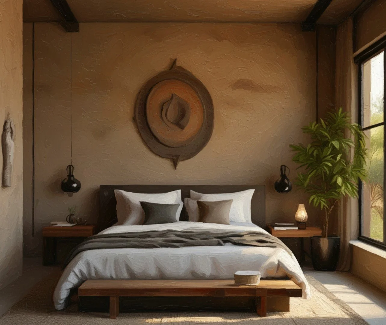 A cozy bedroom with a bed, white and gray bedding, four pillows, wooden bedside tables with lamps, a houseplant by the window, and earthy-toned walls decorated with wall art.