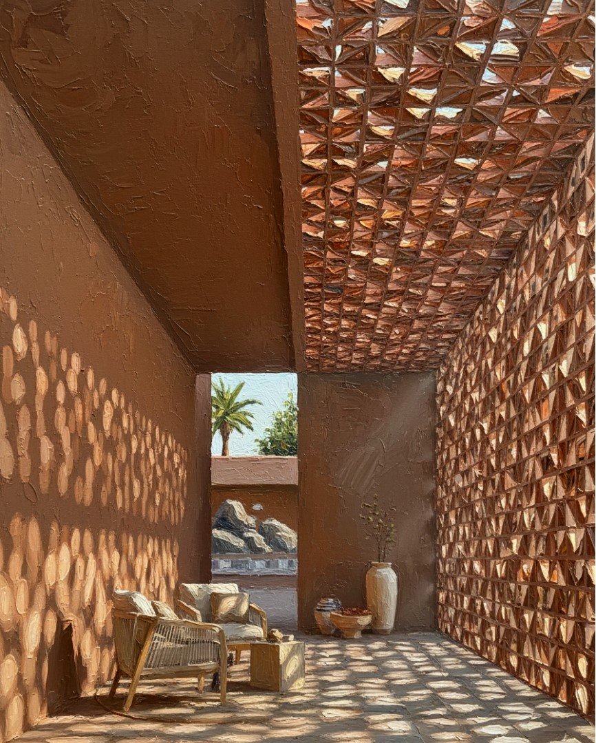 Outdoor seating area with a rustic, earthy color palette featuring a woven wall and ceiling pattern, a wooden bench with cushions, and large pottery vases, with palm trees visible in the background.