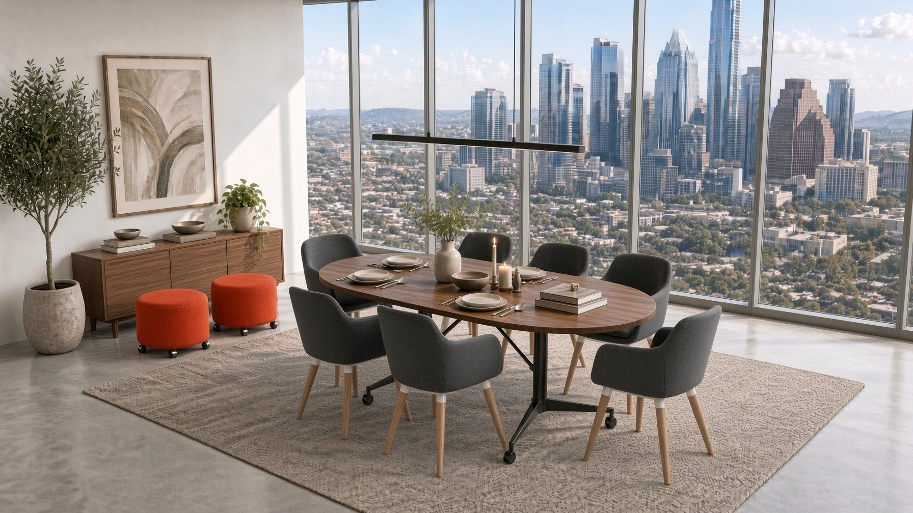 A modern dining room with a wooden oval table set with plates, utensils, and candles, surrounded by six gray chairs. Large floor-to-ceiling windows showcase a city skyline with tall skyscrapers, and a beige rug covers the light-colored floor. A woode
