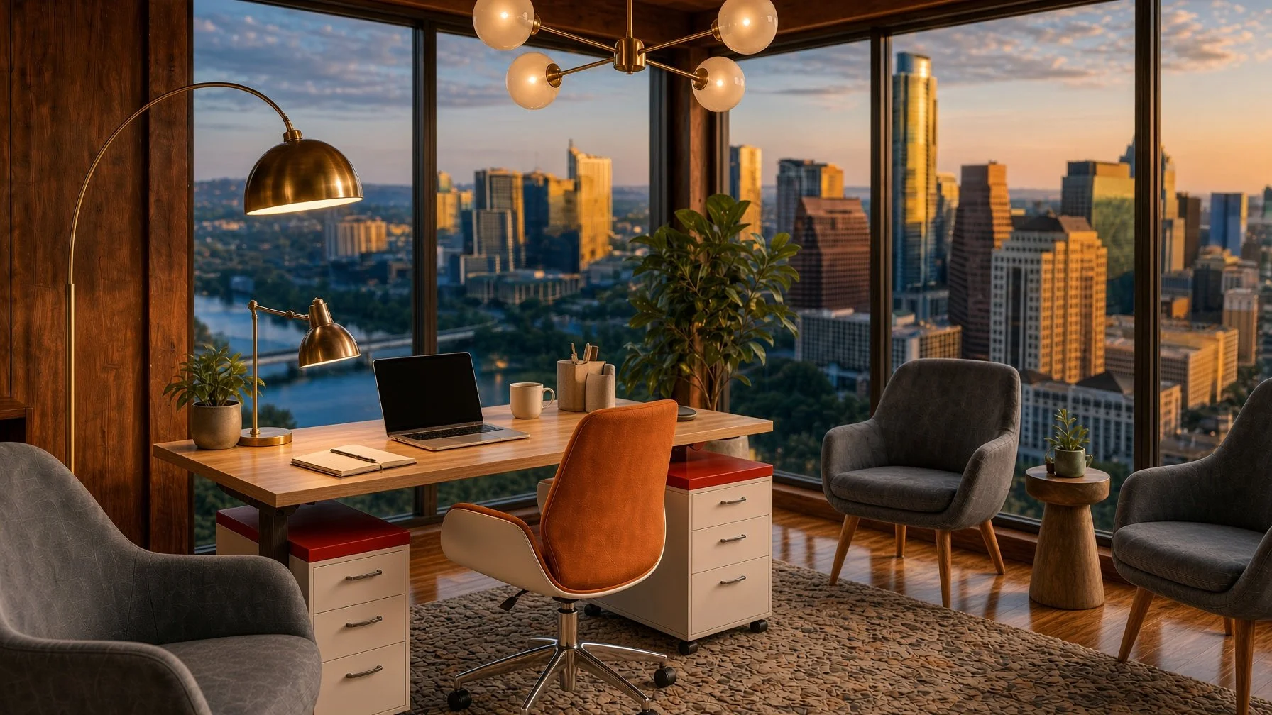 Modern office with large city view, wooden desk, gray and orange chairs, potted plants, laptops, coffee cups, desk lamp, ceiling light fixture, and a wooden side table, during sunset.
