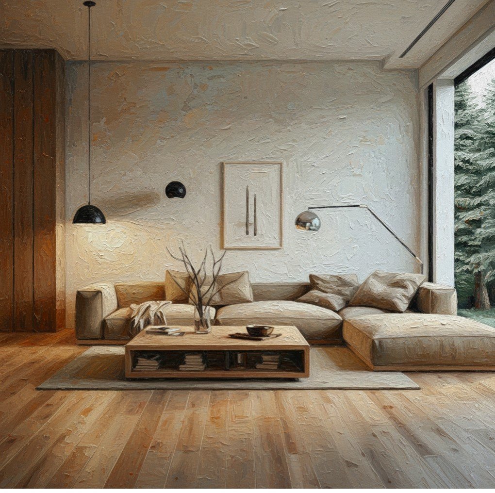 Modern living room with beige sectional sofa, wooden coffee table, abstract wall art, and large window showing outdoor trees.