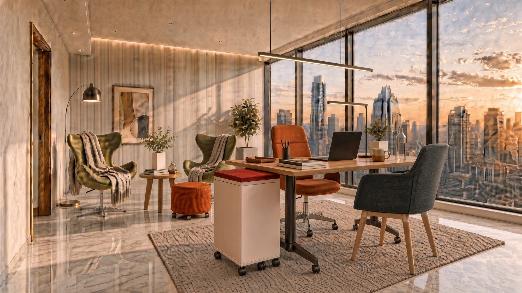 Modern office with large windows showing city skyline at sunset, stylish chairs, wooden desk, plants, books, and decorative items.