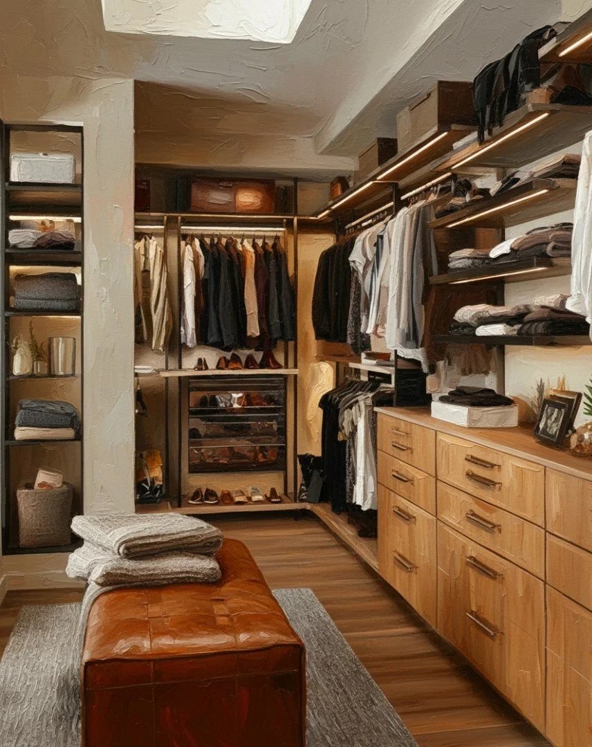 A walk-in closet with shelves, drawers, and hanging clothes, including shirts and jackets, with shoes organized at the bottom. There is a brown leather bench with folded towels on top, a framed photo, and a gray rug on wood flooring.