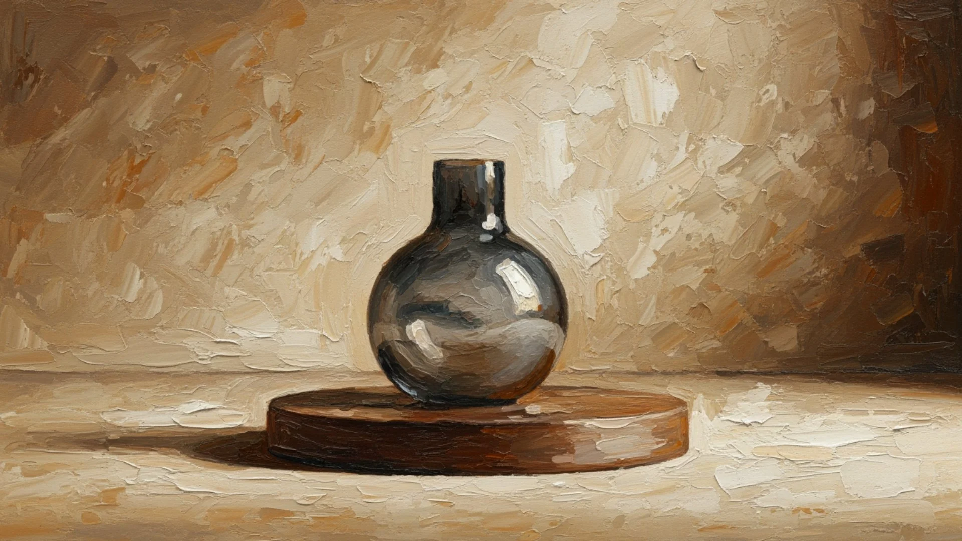An oil painting of a shiny, reflective, round-bottomed black glass vase placed on a wooden circular stand, with a beige and brown textured background.