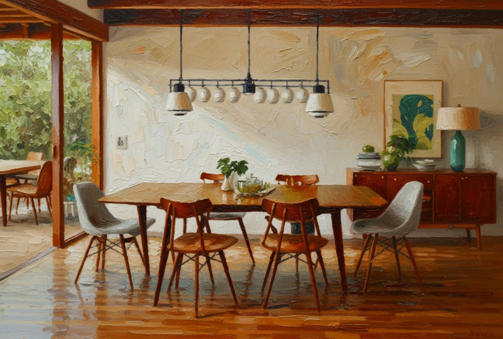 A dining room with a wooden table surrounded by six chairs, three with gray seats and three with wooden seats. A pendant light with multiple bulbs hangs above the table. There is a sliding glass door on the left leading to an outdoor area, with a smaller table and chairs outside. On the right, a sideboard with decorative items, including a large lamp, plant, and books, is against the wall. The room has a natural, warm wood tone and artwork on the wall.