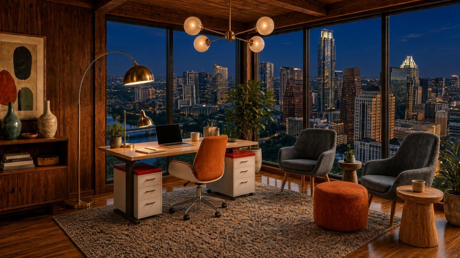 Modern office with large floor-to-ceiling windows showcasing a city skyline at dusk, featuring skyscrapers and a river. The office has warm wood walls and furniture, a desk with a laptop, chairs, a rug, and decorative plant and vases.