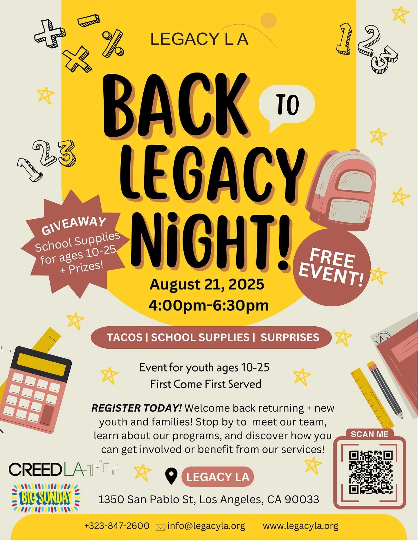 📢✨HAPPENING THURSDAY!✨📢

Legacy LA&rsquo;s Back to Legacy Night is THIS WEEK! 🎉

🗓️Thursday, August 21, 2025
⏰ 4:00pm &ndash; 6:30pm
📍Legacy LA

Join us for an evening filled with: FREE 
🌮 Delicious TACOS
✏️ School Supplies 
🎁 Fun PRIZES + Sur