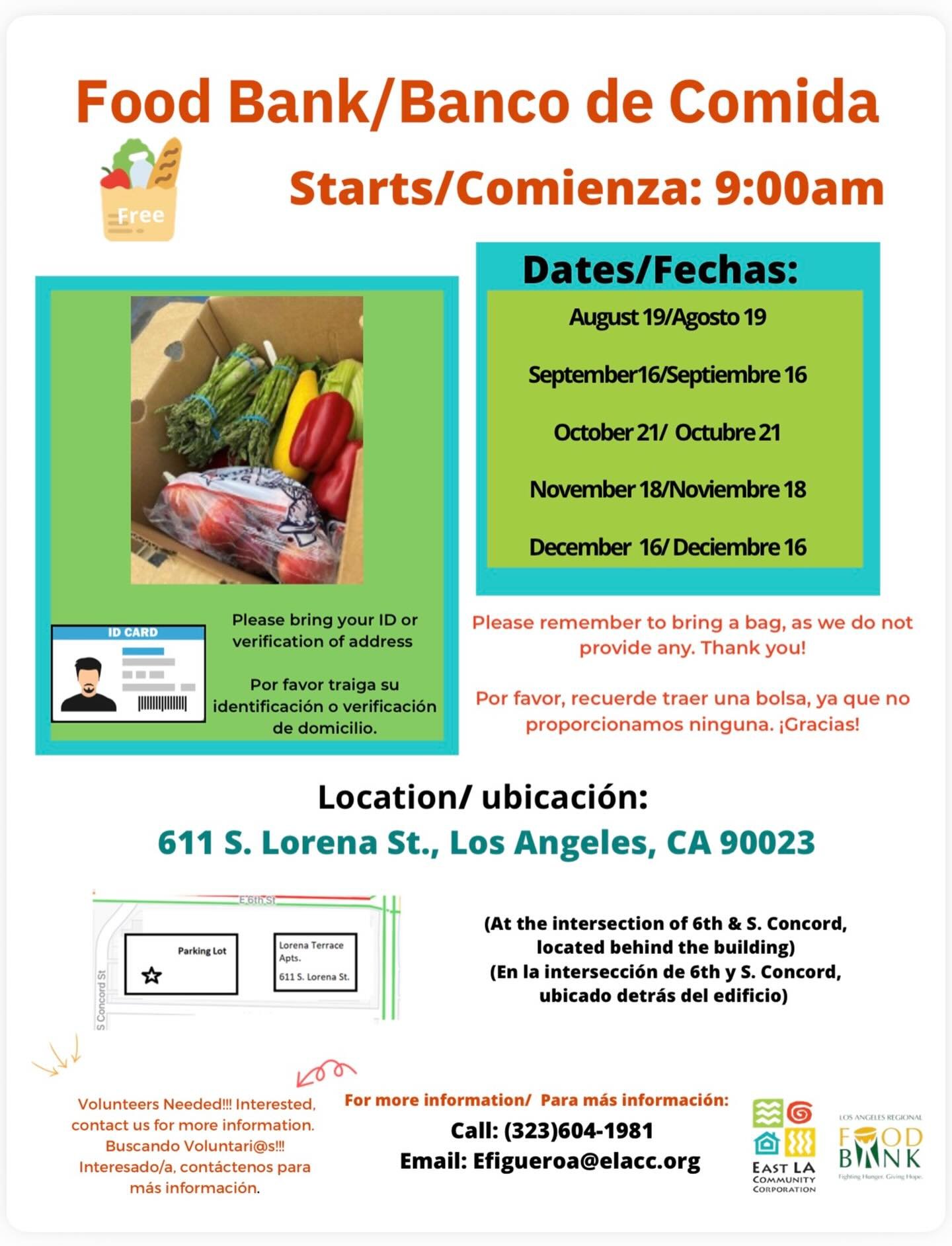 Hello friends! 🤗
We&rsquo;re sharing some local upcoming food bank opportunities.

Food Bank / Banco de Comida 🍎🍞
📆 November 18 / Noviembre 18
📆 December 16 / Diciembre 16
🕘 Starts / Comienza: 9:00 AM

📍Where: 611 S. Lorena St., Los Angeles, C