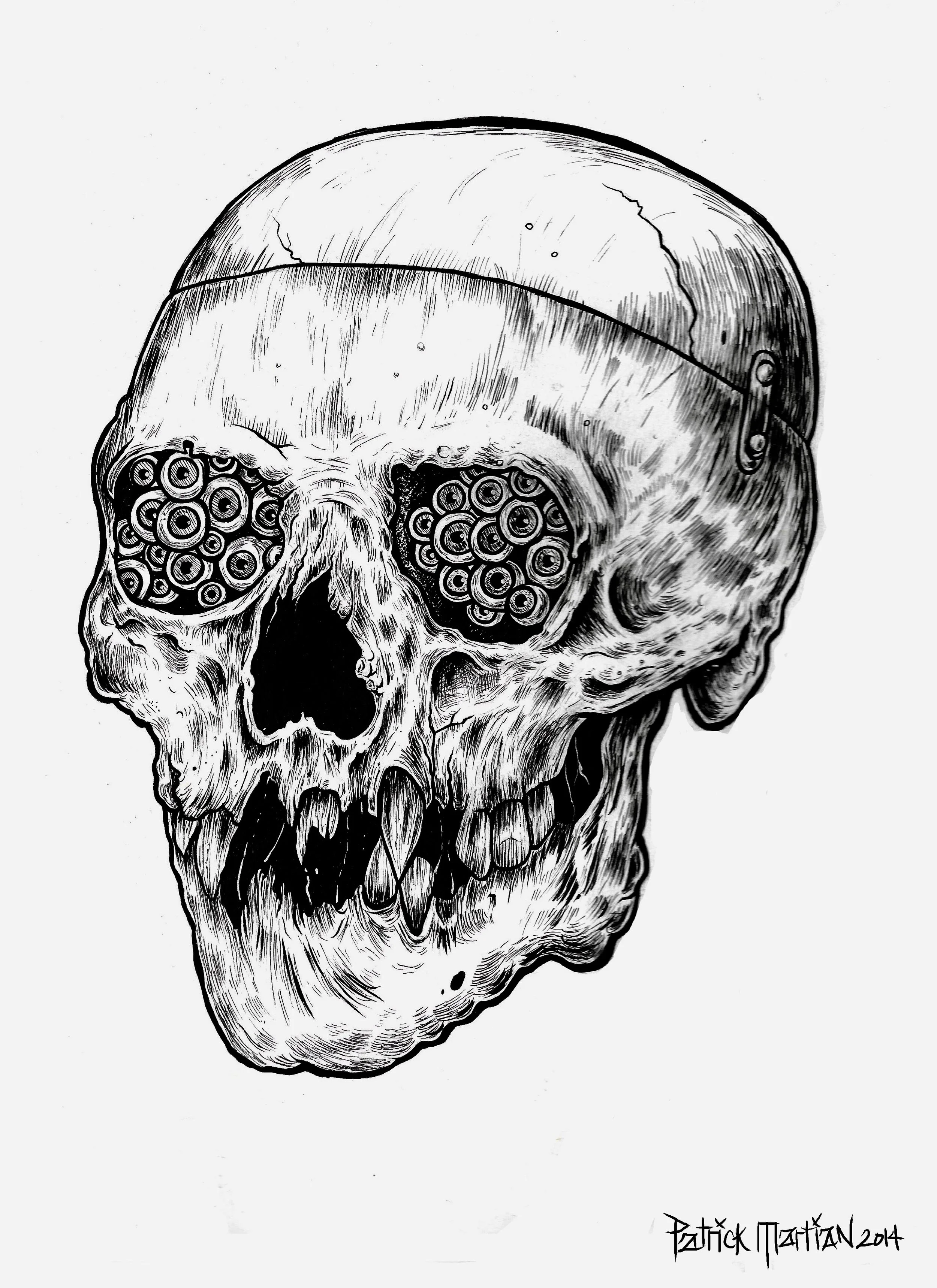 Illustration of a skull with multiple eyeballs in the eye sockets, featuring a mechanical element on the forehead. Signed by artist Patrick Ian 2014.