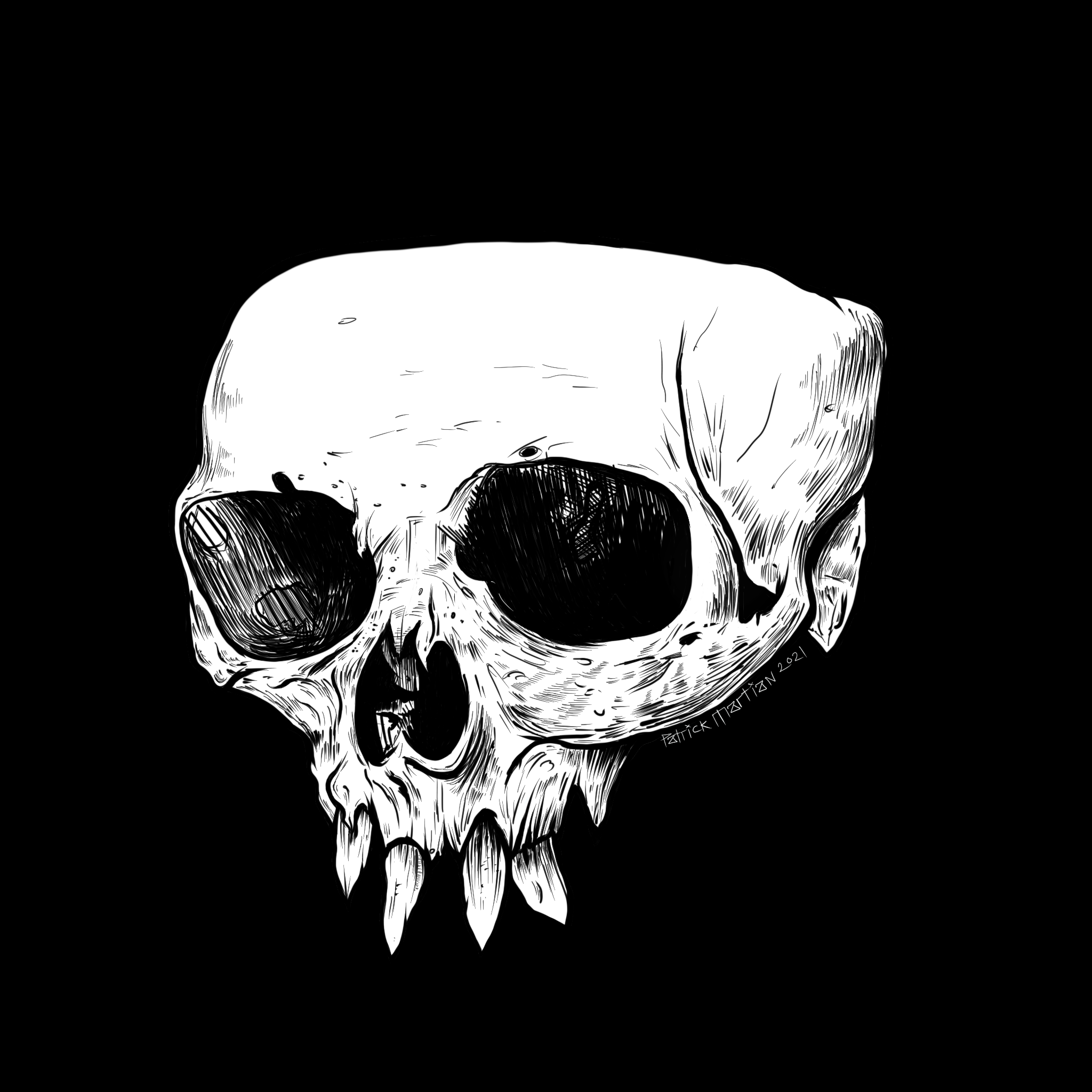 Sketched human skull with exaggerated teeth on black background