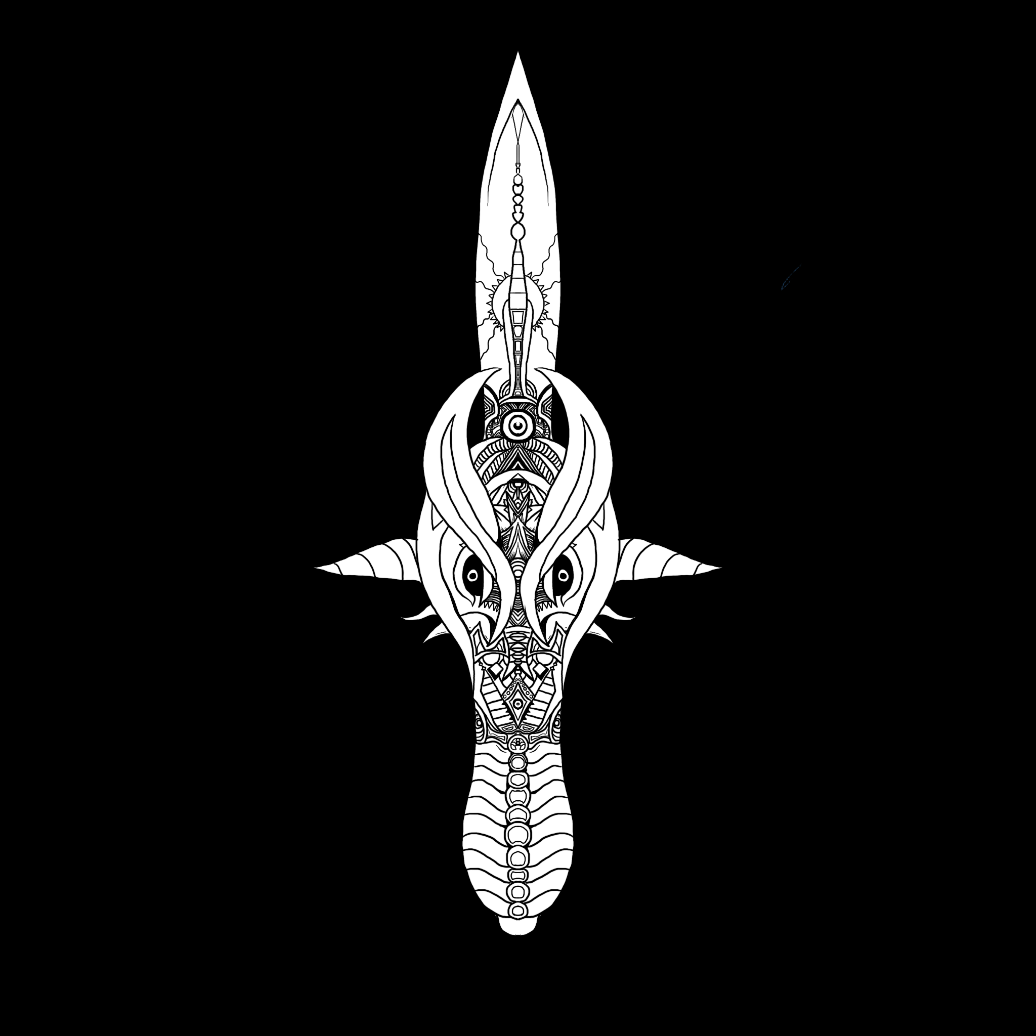 Intricate black and white illustration of a symmetrical, abstract design resembling a sword with ornate details and patterns, possibly incorporating animalistic features.