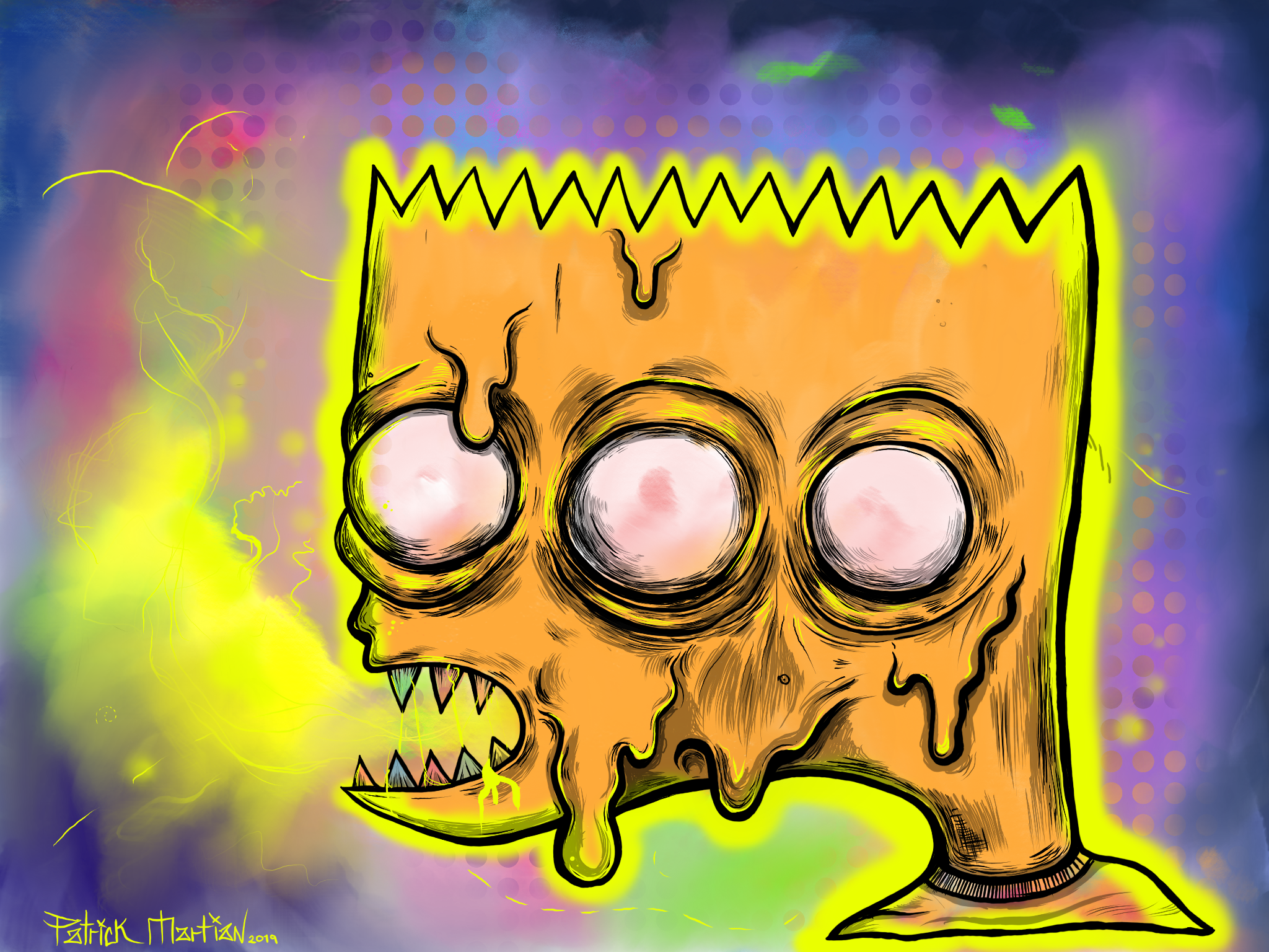 Abstract artwork of a melting, three-eyed character with sharp teeth, in bright colors on a vibrant, textured background.