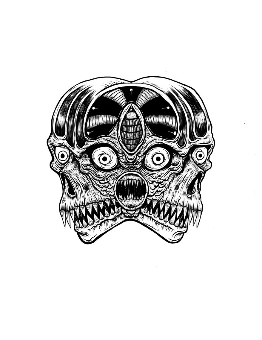 Black and white illustration of a surreal, monstrous skull with multiple eyes and sharp teeth
