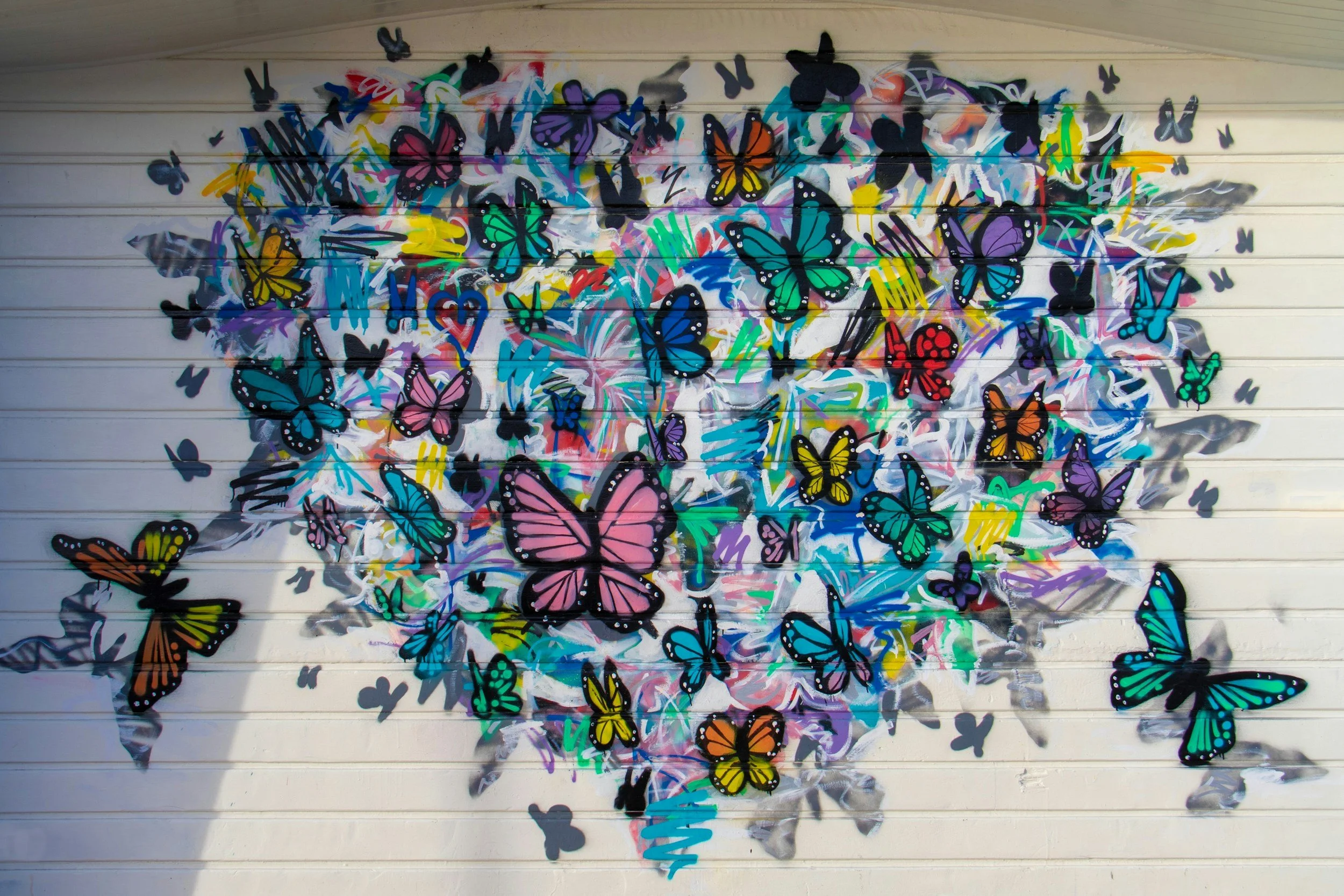 Colorful mural of numerous butterflies in various sizes and colors on a white wall.