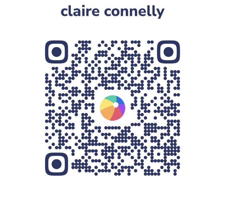 Business card with the name 'Claire Connelly' at the top, a QR code in the center, and a colorful wheel icon in the middle of the QR code.