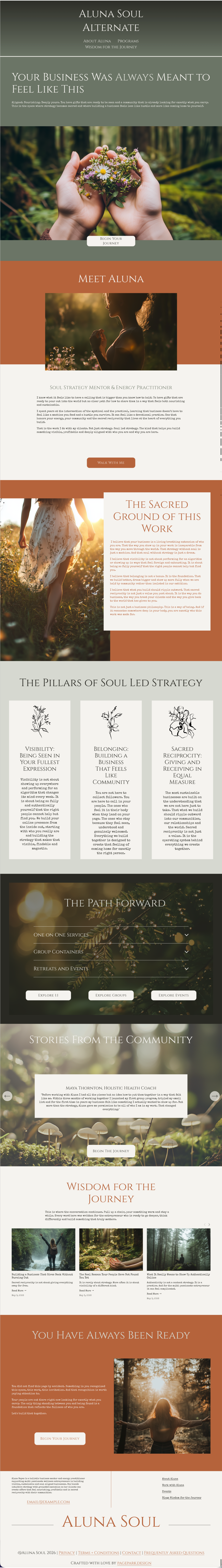 An infographic website titled "Aluna Soul Alternate" featuring a nature-inspired theme with images of hands holding a bouquet of wildflowers, a silhouette of a person in nature during sunset, a woman walking through a field, and a person meditating in a forest. Sections include messages about feeling like doing business, sacred ground of work, pillars of soul led strategy, paths forward, community stories, wisdom for the journey, and a reminder that you have always been ready.