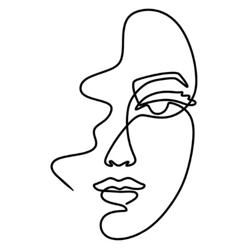 Line drawing of a woman's face with one eye, lips, and a hairstyle outline.
