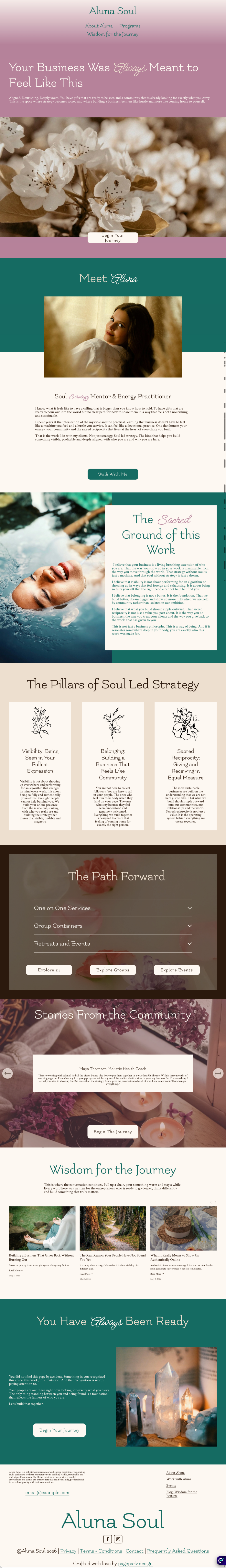 A vertical webpage with floral and spiritual themes, featuring a header with the text "Aluna Soul," sections about spiritual work, pillars of soul-led strategy, community stories, and a section about readiness with crystal images.