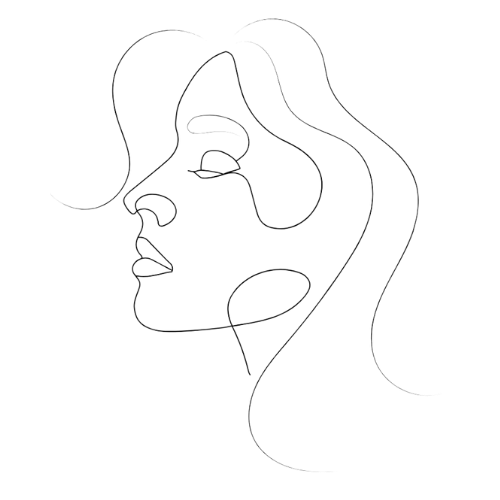 Line drawing of a woman's side profile with flowing hair.