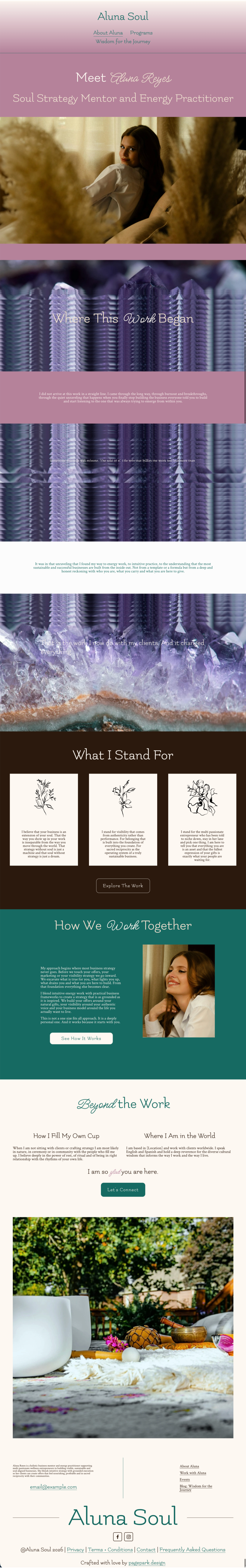 A promotional webpage for Aluna Soul featuring a woman with long dark hair, sitting indoors in a relaxed pose. The page highlights her as a soul strategy mentor and energy practitioner, with sections about her work, philosophy, and a contact invitation, along with images of crystals, a serene outdoor setting, and a smiling woman.