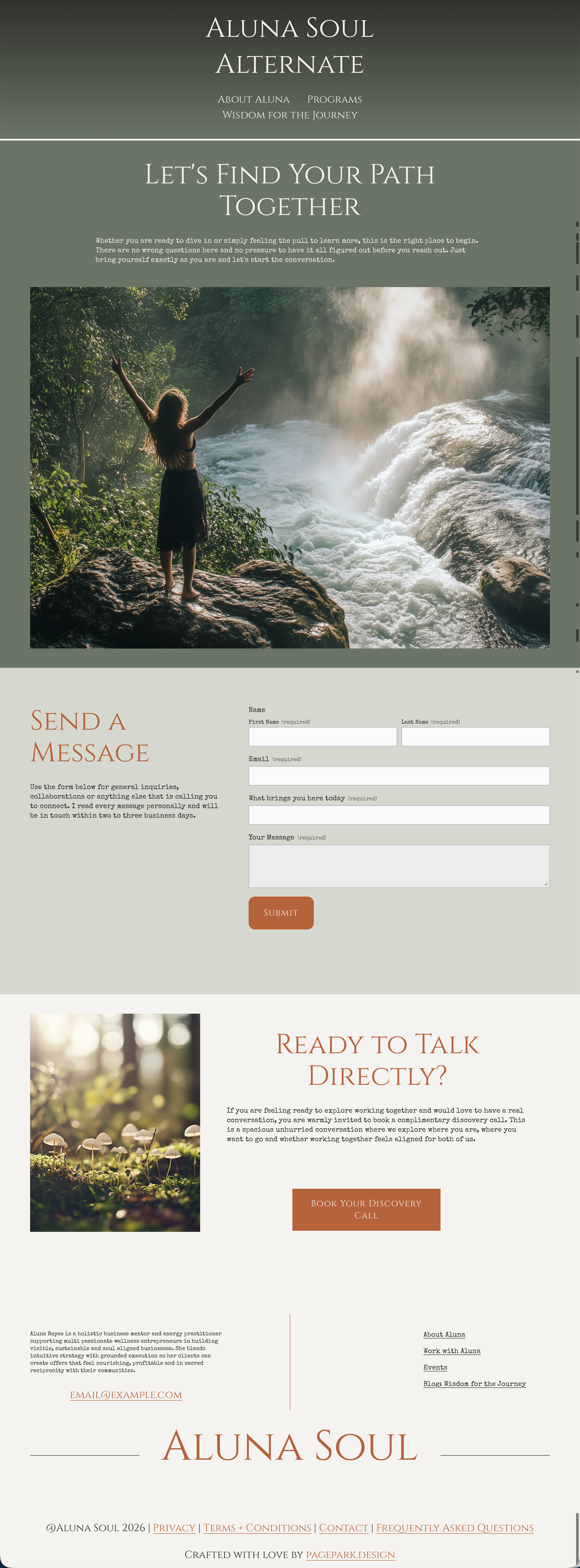 A woman standing on rocks with open arms near a waterfall in a lush forest, with a website layout overlay about personal growth and discovery.