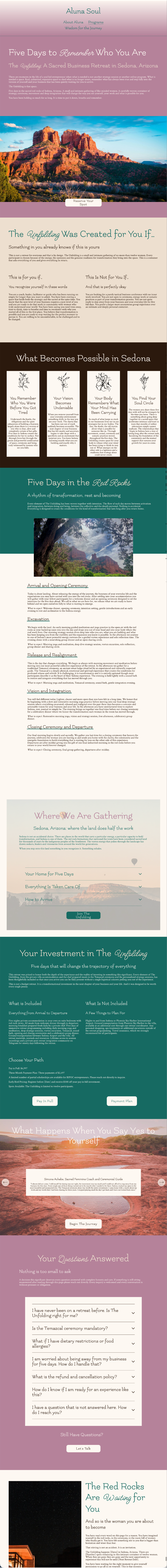 A vertical webpage layout with various sections discussing spiritual concepts, nature scenes, and personal growth, featuring images of red rocks and night skies.