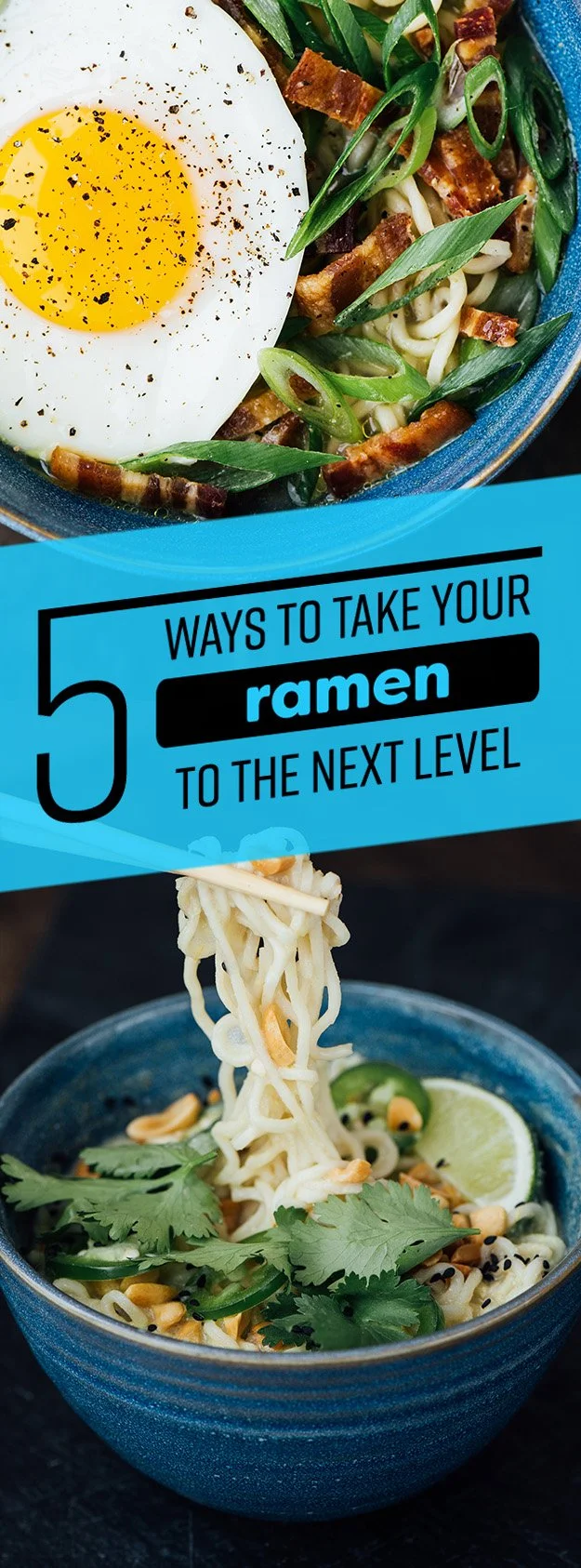A bowl of ramen noodles topped with chopped green onions, bacon, and leafy greens with a slice of lime. A fried egg garnished with black pepper is nearby. The image features a promotional overlay with text about taking ramen to the next level.