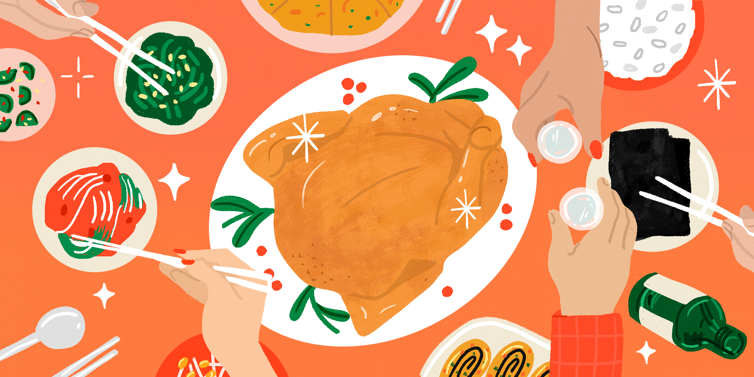 Illustration of a festive meal scene with a roasted turkey, various side dishes, and people holding shot glasses and chopsticks on an orange background.