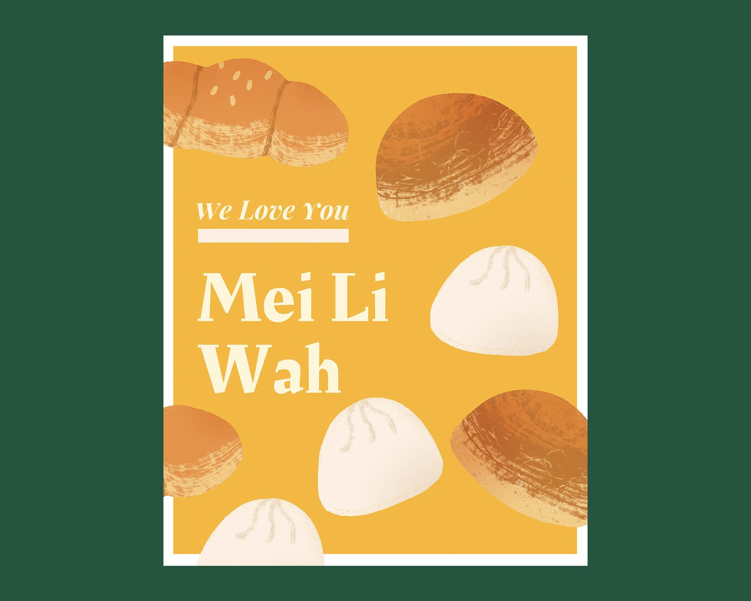 A colorful greeting card with illustrations of sweet potatoes and garlic, with the text "We Love You" in white and "Merry Wakh" partially visible.