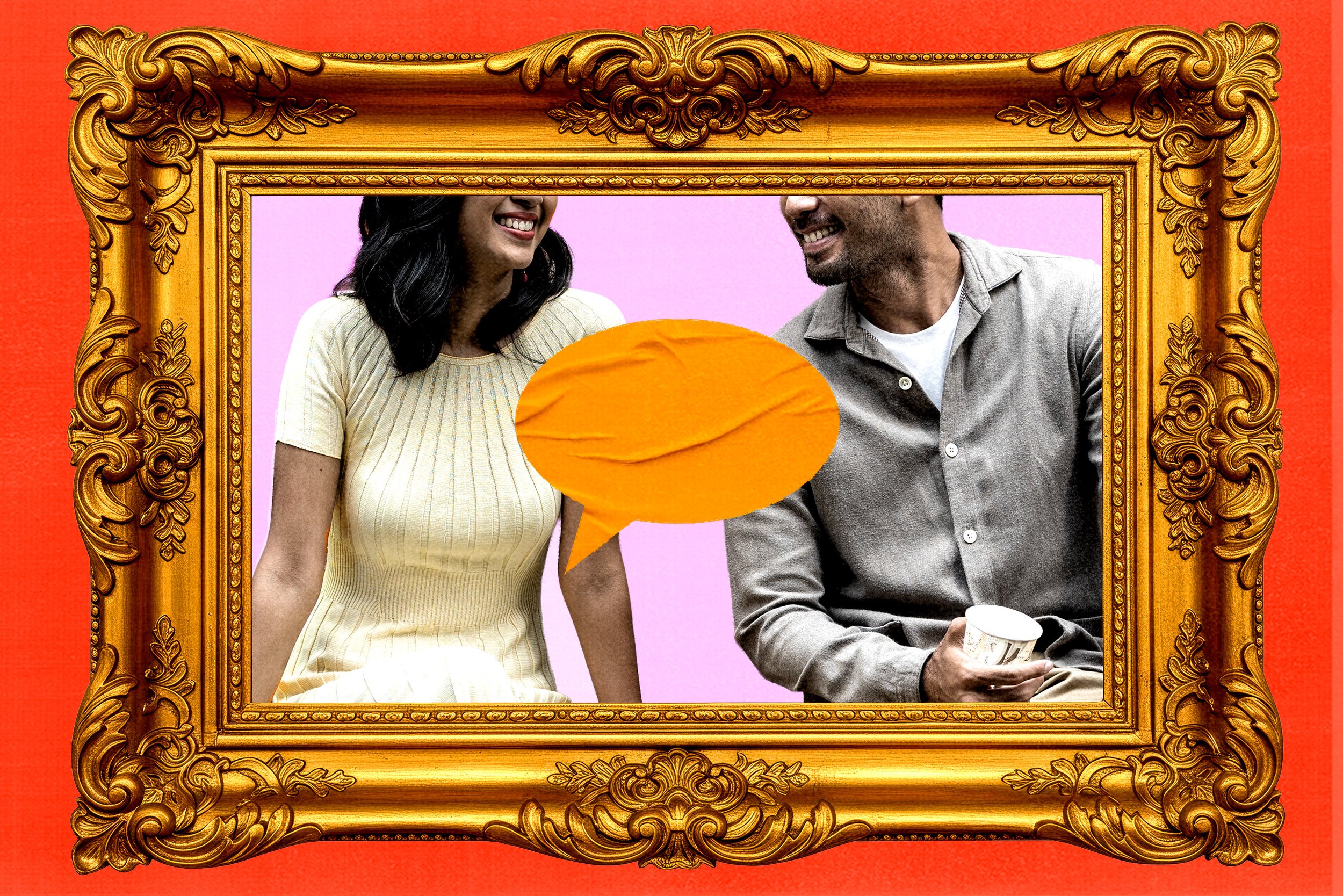 A man and woman smiling and talking in a photo frame with a purple background, with a speech bubble and a paper coffee cup.