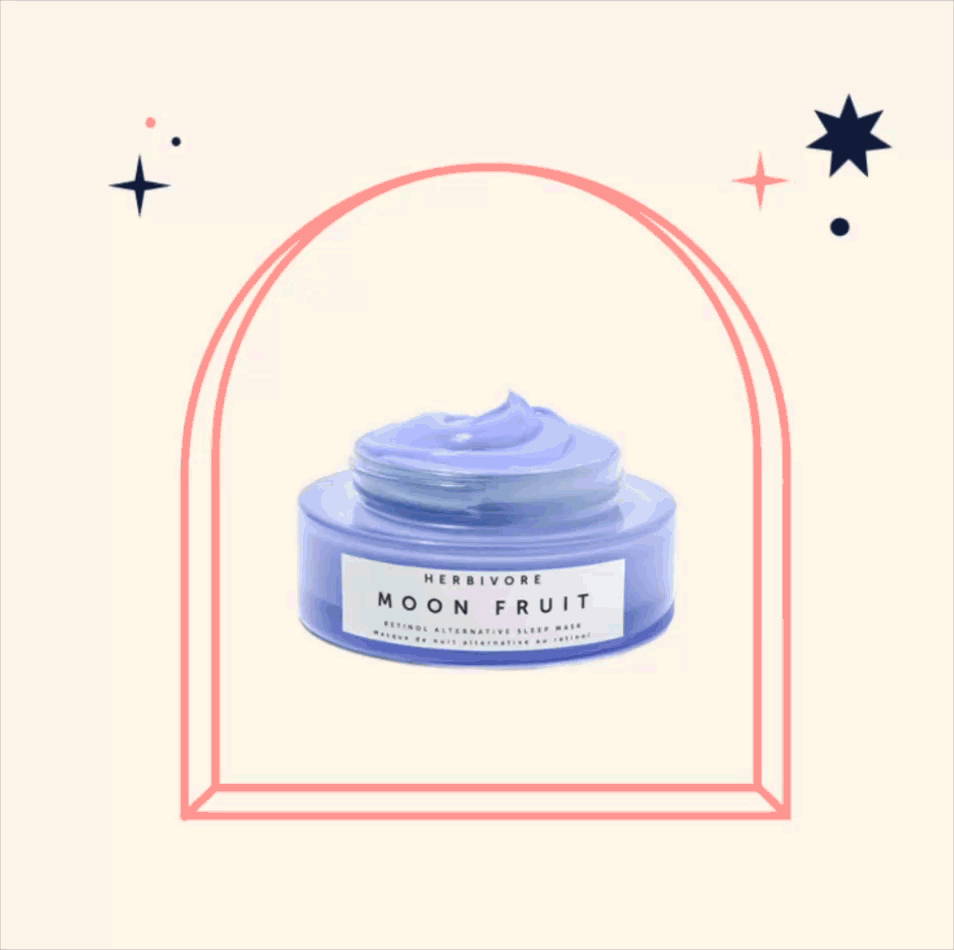 A jar of Herbivore Moon Fruit sleeping mask with purple cream inside, surrounded by a pink outline and decorative stars and dots on a light background.