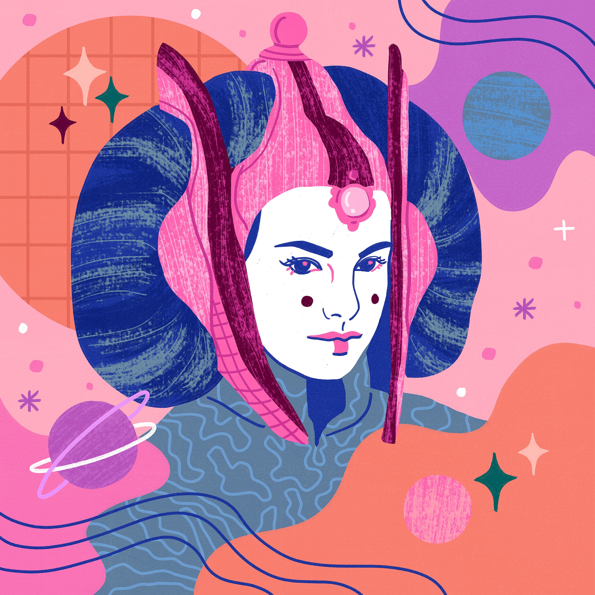 A colorful digital illustration of a woman's face with long pink and blue hair, surrounded by abstract shapes, stars, planets, and swirling lines, set against a pastel pink and purple background.