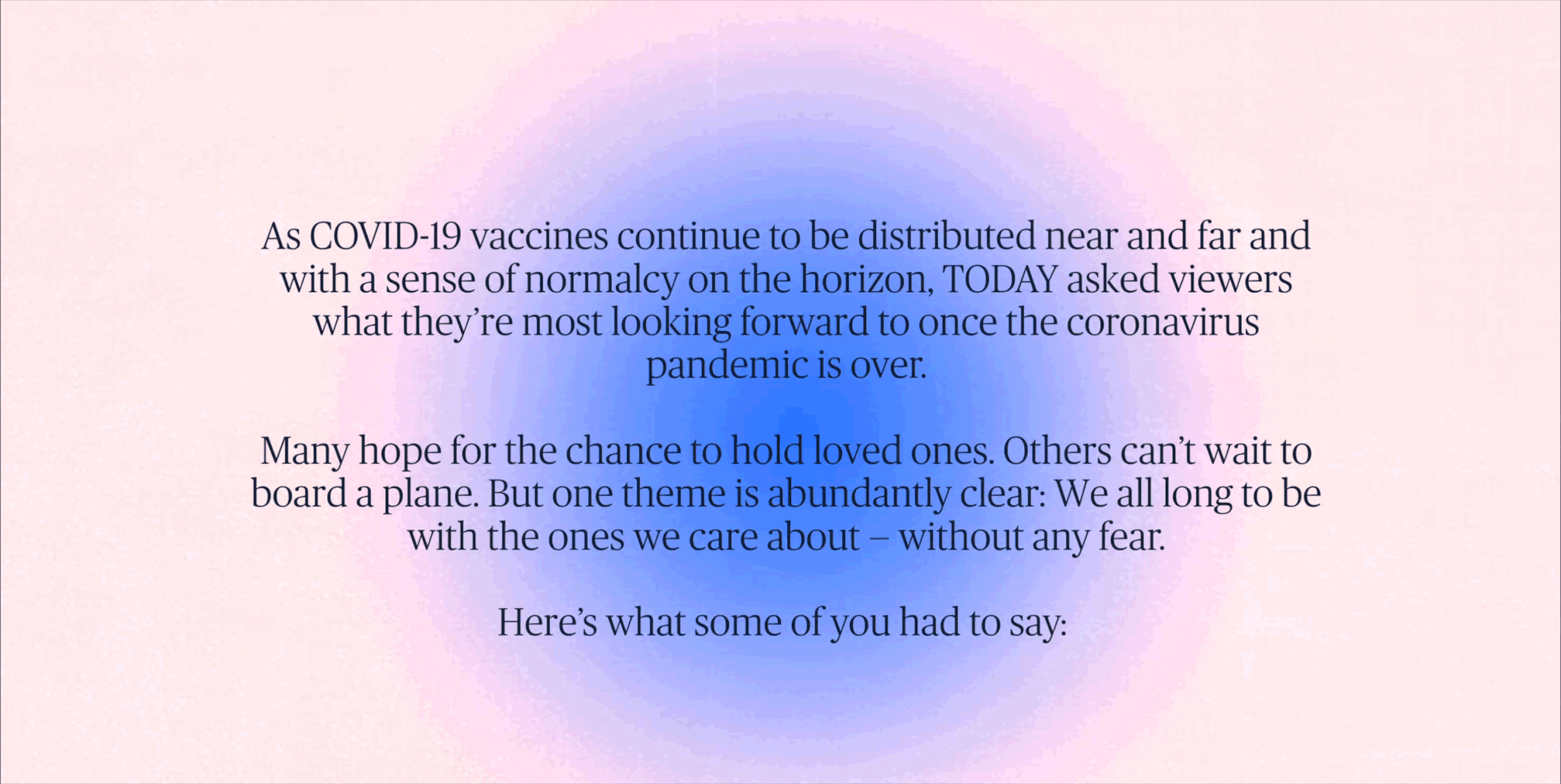 A screenshot of a text excerpt discussing the distribution of COVID-19 vaccines and what people are looking forward to post-pandemic, set against a pastel pink and purple gradient background.