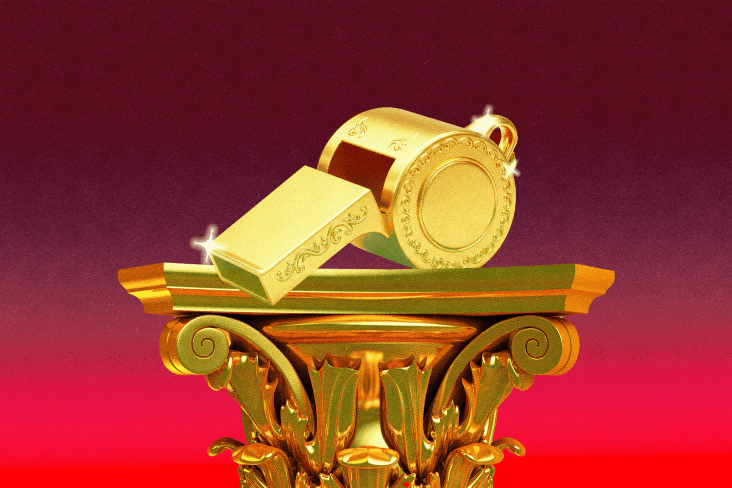 A golden Oscar statuette lying on a decorative golden pedestal against a red background.