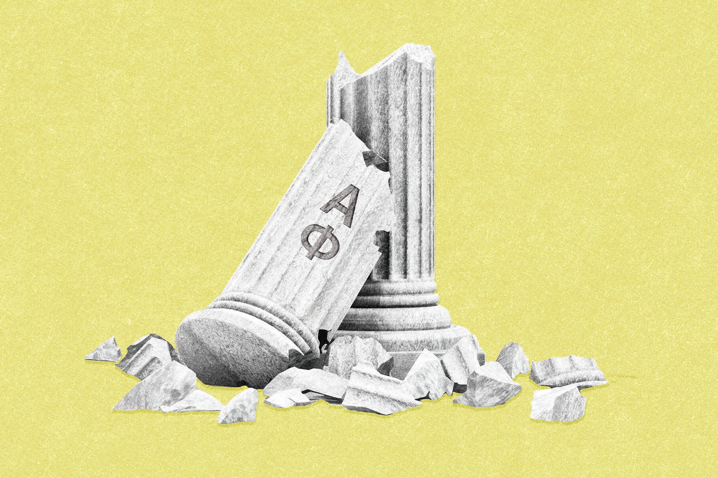 Broken marble column with scattered pieces on a yellow background.