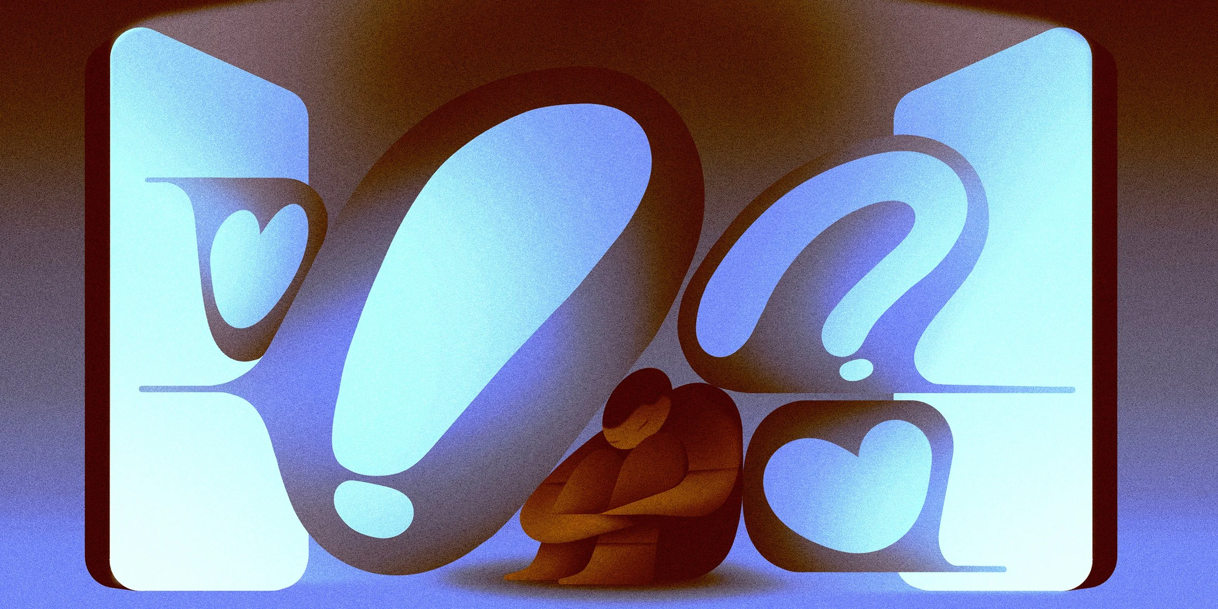 A colorful abstract illustration with large blue question marks and an orange birdlike figure in the center.