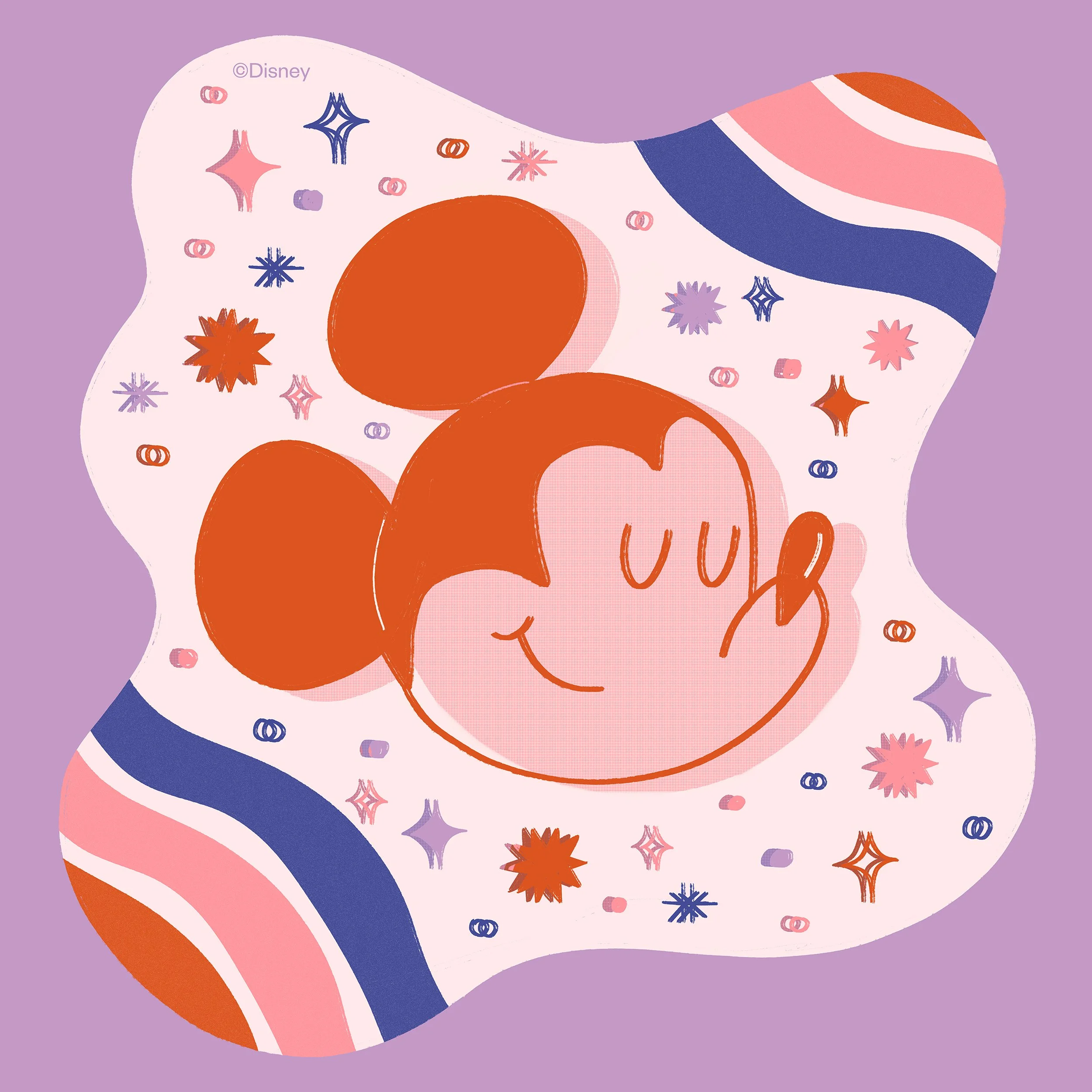 Colorful abstract illustration with heart shapes, stars, and decorative patterns in shades of pink, purple, red, brown, and navy on a lavender background.