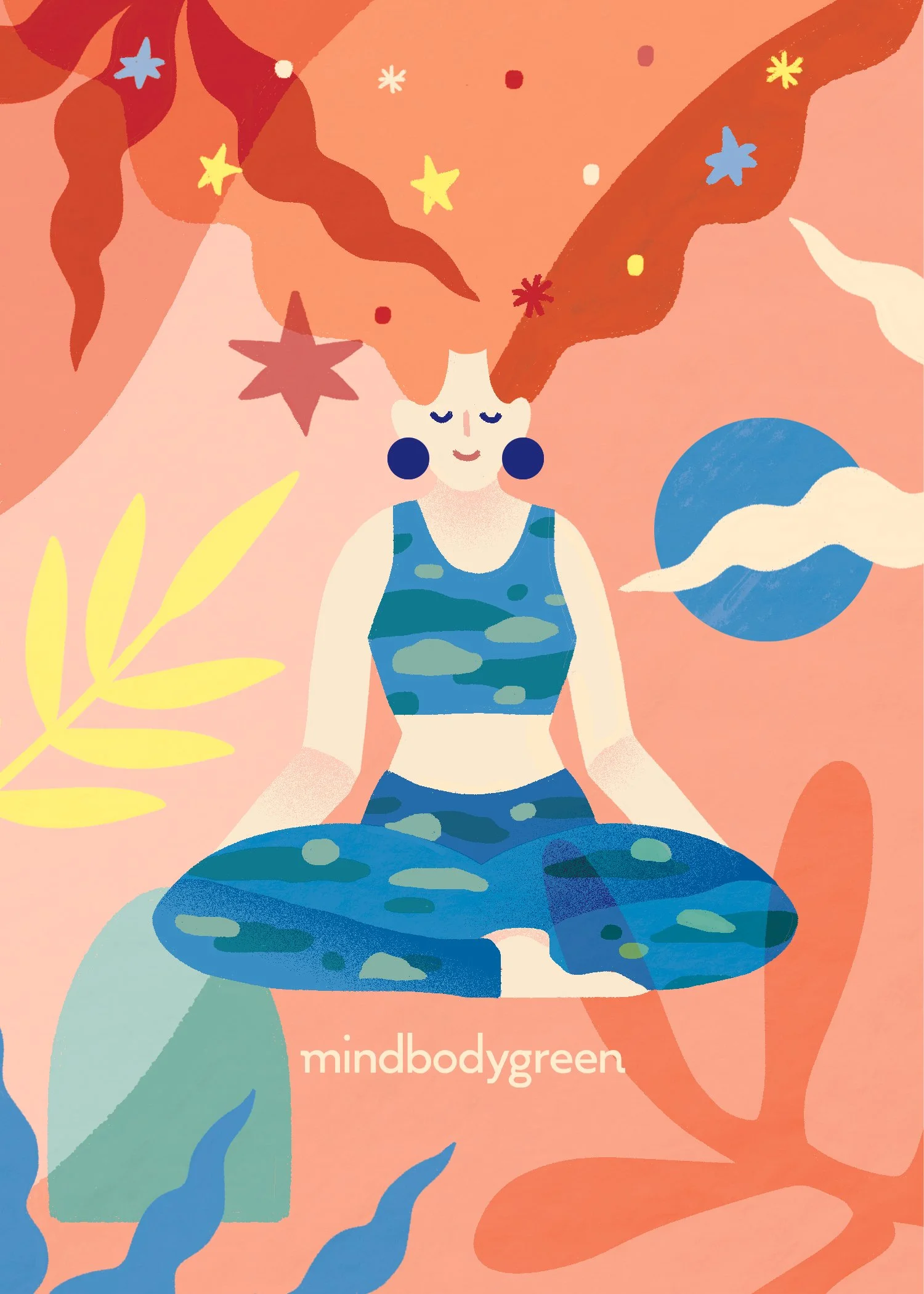 An artistic illustration of a woman meditating in a cross-legged pose. She has white skin, blue earrings, and is wearing a blue camouflage top and matching bottoms. Her long red hair flows behind her, blending into a background filled with abstract s